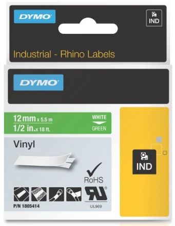 Dymo RHINO 1805414 12mm x5,5m  Vinyl White on Green 