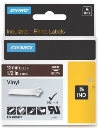 Dymo RHINO 1805412 12mm x5,5m  Vinyl White on Brown 