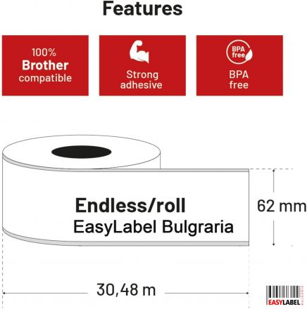 Compatible Brother DK-22205 White Continuous Paper Roll 62mm x 30.48m, Black on White