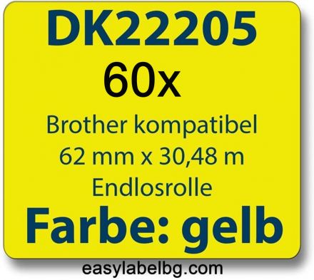 Compatible Brother DK-44605 Yellow Continuous Paper Roll 62mm x 30.48m, Black on Yellow