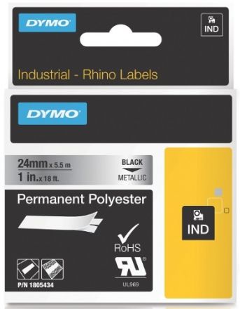 Dymo RHINO 18486 metalized permanent polyester labels black on metallic 12mm