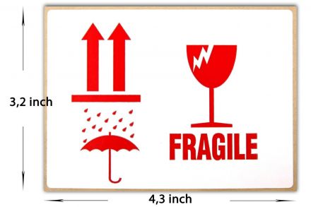 International Safe Handling Labels - "Fragile" with Broken Glass, Rolls of 100, 100mm X 70mm