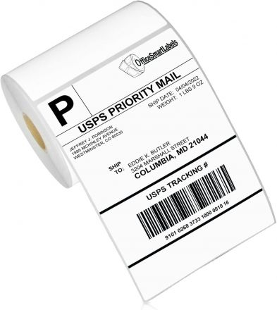 White thermal direct eco labels, permanent, liner-perforation 105mm x 148 mm, 1 inch (25 mm) core diameter, 250 labels
