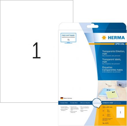 Прозрачни Етикети Herma 4375 - Transparent film labels, matt A4, 210 x 297 mm, weatherproof, permanent adhesion, 25 л.