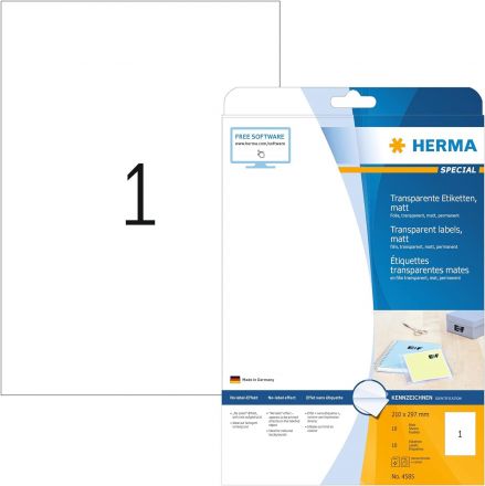 Прозрачни Етикети Herma 4585 - Transparent film labels, matt A4, 210 x 297 mm, weatherproof, permanent adhesion, 10 л.