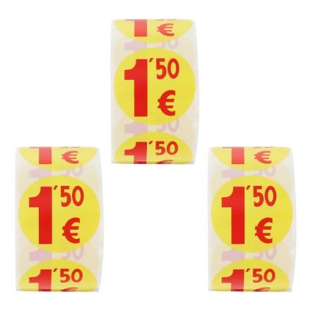 Кръгли етикети "Euro 1.50", жълти с червен надпис, Ø25mm, 500 бр.