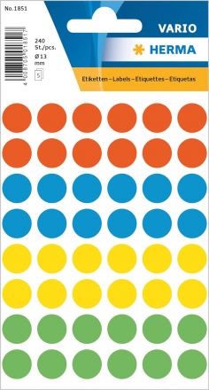 Цветни кръгли стикери за ОТК контрол - самозалепващи етикети, различни цветове/асорти, диаметър 13mm, 240 бр.