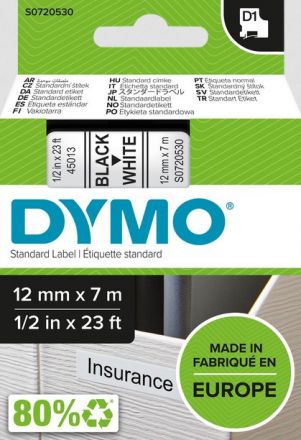 Лента D1 Dymo 45013, 12mm x 7m, бяла, черен надпис 