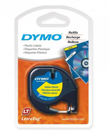 Оригинална DYMO LetraTag 91202, пластмасова лента, 12mm x 4m, жълта