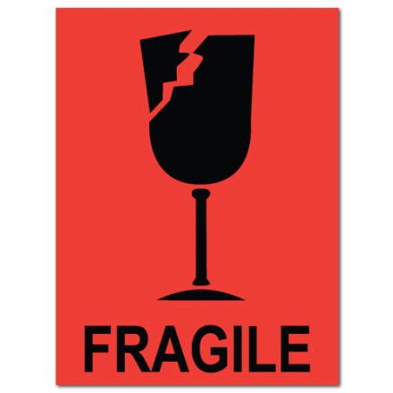 International Safe Handling Labels - "Fragile" with Broken Glass, 100mm x 70mm, red paper with black text, 200