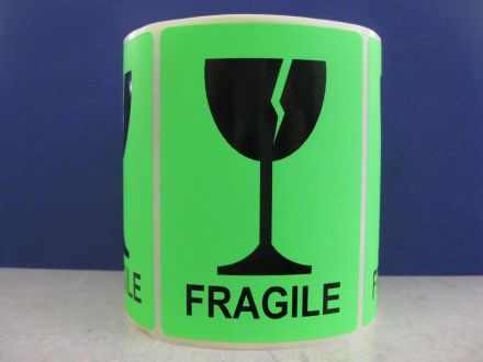 Green Fluorescent Shipping Labels - "Fragile" with Broken Glass, 100mm x 70mm, green paper with black text, 200
