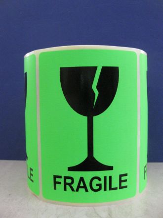 International Safe Handling Labels - "Fragile" with Broken Glass, 100mm x 70mm, red paper with black text, 200