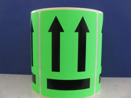 Green Fluorescent Shipping Labels - "This side UP" with Black Arrows, 100mm x 70mm, green paper with black text, 200