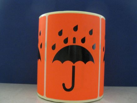 Red Fluorescent Shipping Labels - "KEEP DRY" with Umbrella, 100mm x 70mm, red paper with black text, 200