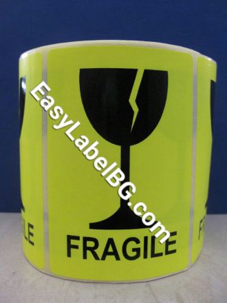 Yellow Fluorescent Shipping Labels - "Fragile" with Broken Glass, 100mm x 70mm, yellow paper with black text, 200