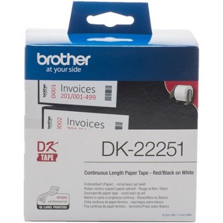 Brother DK-22205 White Continuous Paper Roll 62mm x 15.24m, Two Colour - Black/Red